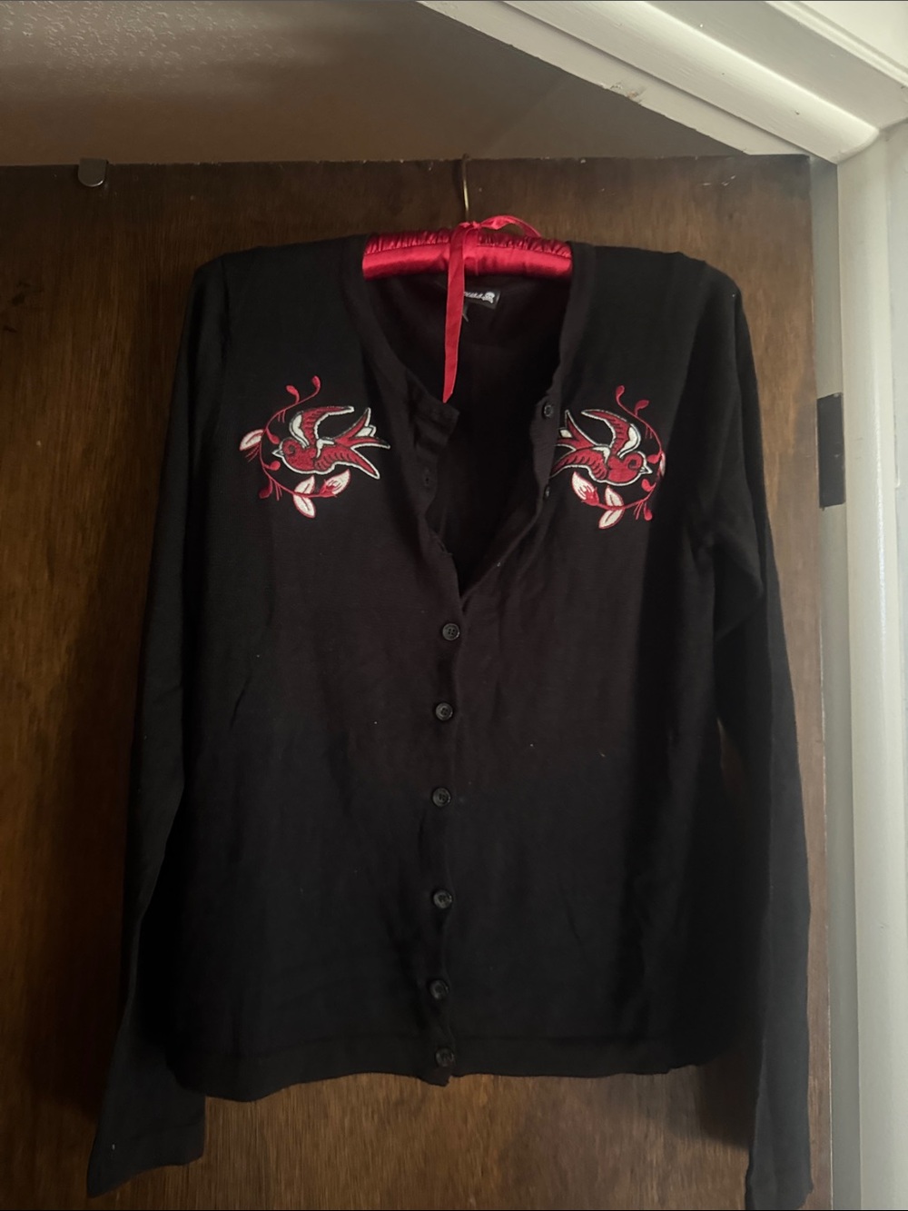 Sourpuss Black Cardigan with Red & White Embroidered Swallows